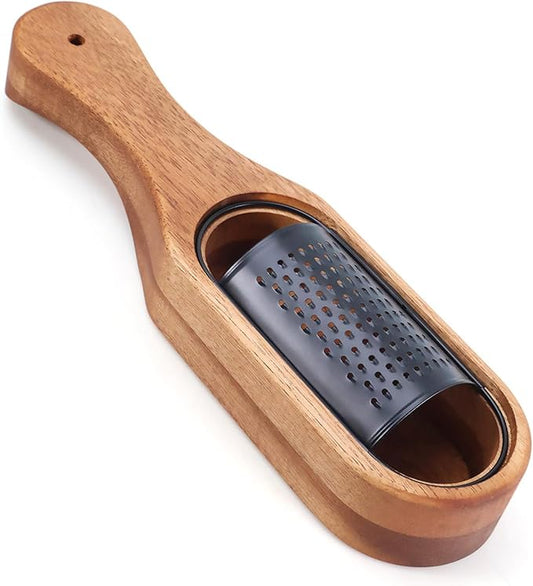 Box Cheese Grater With Container Stainless Steel Parmesan Cheese Grater With Wood Handle Shredder Zester Grater Box Kitchen Handheld Cheese Spoon Grater-Black Colour (With Handle)