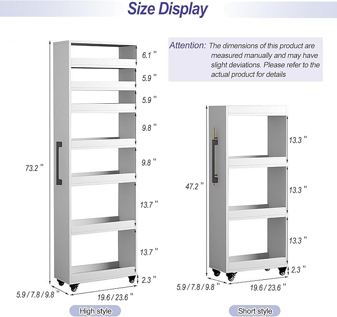 7-Tier Slim Storage Cart, Wooden Rolling Pantry Cabinet with Wheels, Narrow Shelf Organizer for Kitchen, Bakers Rack, Dining Room, Closet, Small Spaces Warm White 73.2" H*9.8" W*23.6" D
