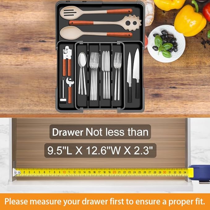 Homecor Silverware Organizer Expandable Kitchen Drawer Organizer with 7 Slots, BPA Free Cutlery Utensil Drawer Organizer, Kitchen Utensil Storage Tray for Forks Knives Spoons, Anti-Slip, Black