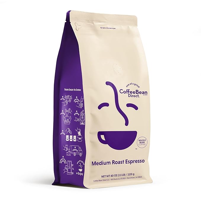 Coffee Bean Direct Medium Roast Espresso, Whole Bean Coffee, Medium Roast, 2.5 Pound Bag (Pack of 1)