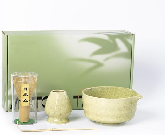 Matcha Whisk Set,Ceramic Matcha Set,with Ceramic Bowl,Bamboo Whisk&Holder,Scoop,Authentic Japanese Matcha,for Matcha Lovers,Gift for Family/Friend(tea green)