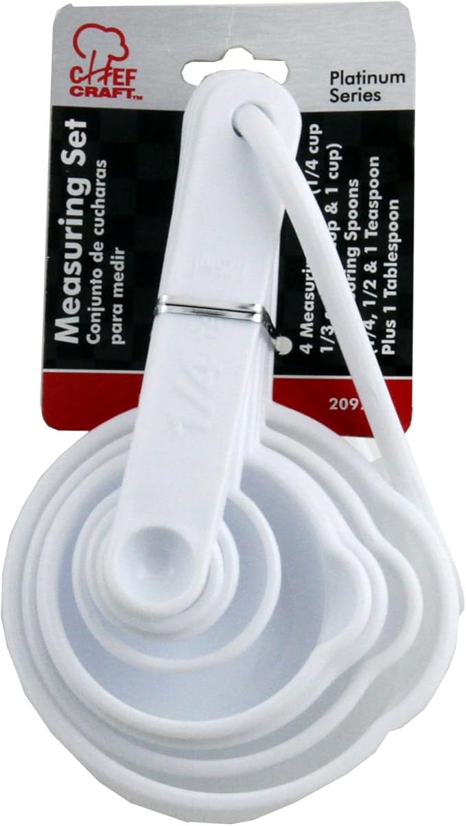 Chef Craft Select Plastic 8 Piece Measuring Set, 1/4 tsp, 1/2 tsp, 1 tsp, 1 tbsp, 1/4 cup, 1/3 cup, 1/2 cup and 1 cup size, White