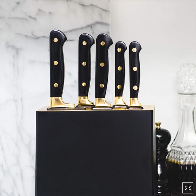 Black and Gold Knife Set with Block - 6-Piece Luxe Kitchen Knives with Block and Sharpener - Modern Black and Gold Kitchen Accessories for Stylish Cooking
