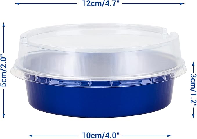 Beasea Mini Tart Pan 50 Pack with Lids, 4 Inch 8oz Jewelry Blue Disposable Aluminum Baking Foil Tins Small Round Container for Individual Dessert Cupcake Muffin Cheesecake Ramekins Quiche Oven Dishes