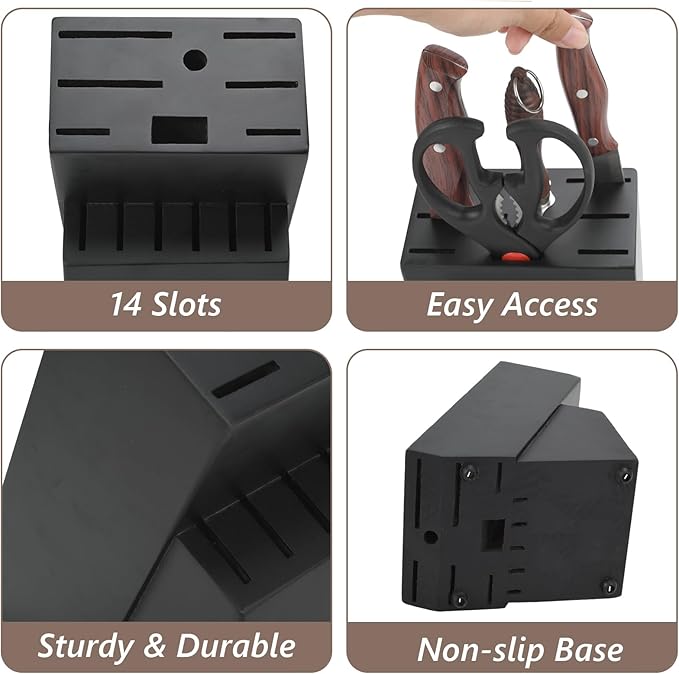 Wood Kitchen Knife Block, Universal Kitchen Knife Holder Kitchen Knife Storage Rack 14 Slots Knife Holder (Black)