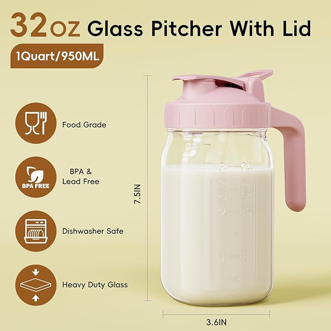 Breast Milk Pitcher Jug - 32 oz Glass Mason Jar Airtight Pitcher with Pour Spout Handle for Breastmilk, Iced Tea, Ice Drinks Storage Container（Pink）