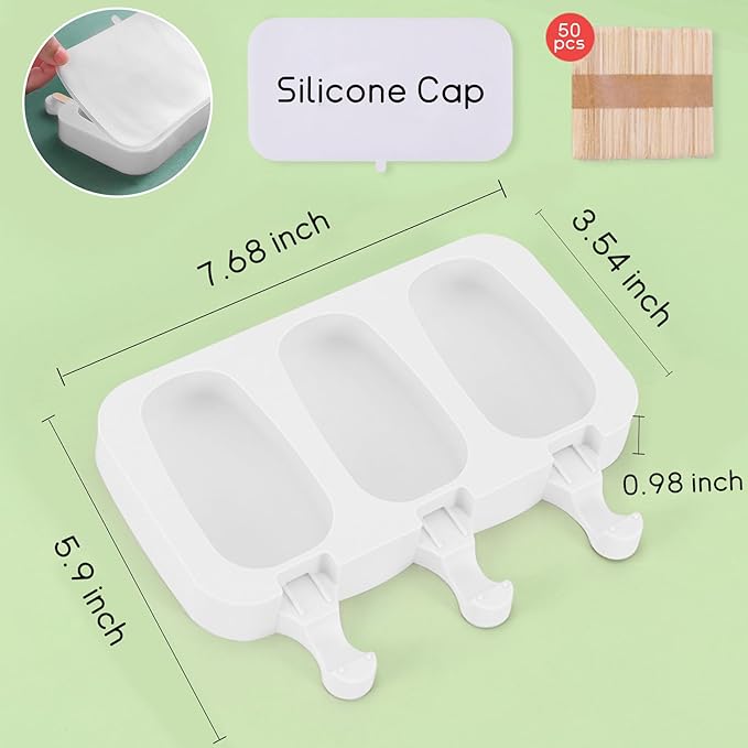 Ouddy Life Popsicle Molds Set of 2, Ice Pop Molds Silicone 4 Cavities Ice Cream Mold Oval Cake Pop Mold with 50 Wooden Sticks for DIY Popsicle, White
