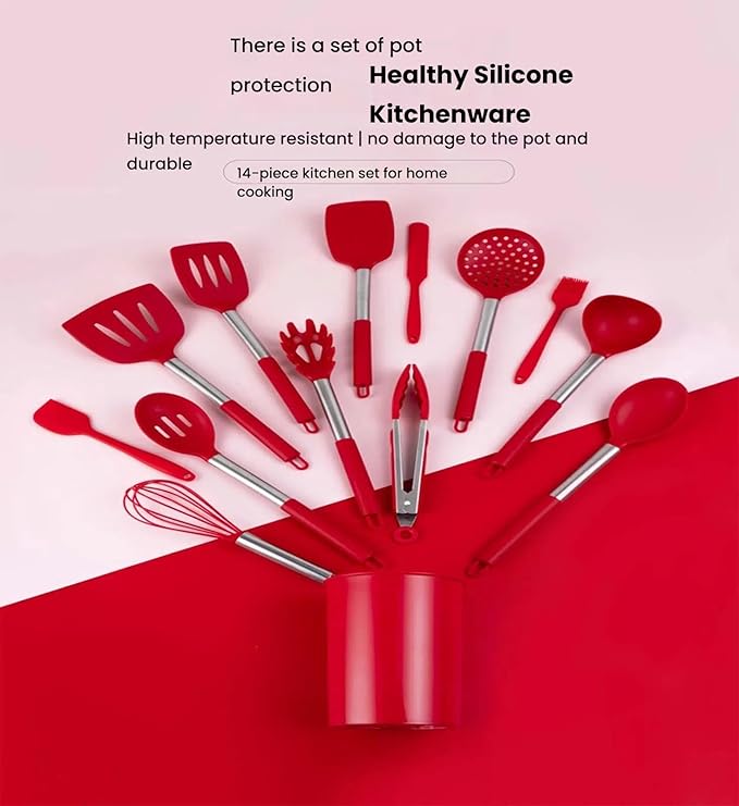 Silicone Kitchen Tools - Non - Stick, Anti - Slip, High - Temperature Resistant, Scald - Proof 14 - Piece Set with Stainless Steel Tube Handles & a Storage Bucket (Gray)