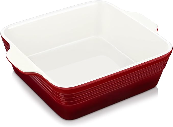 LOVECASA 8x8 inch Baking Pan, 2 Quart Square Cake Pan Baking Dish for Oven, Stoneware Brownie Pan Non-Stick, Casserole Baking Pan with Handle,Ceramic Bread Pans for Baking, Red