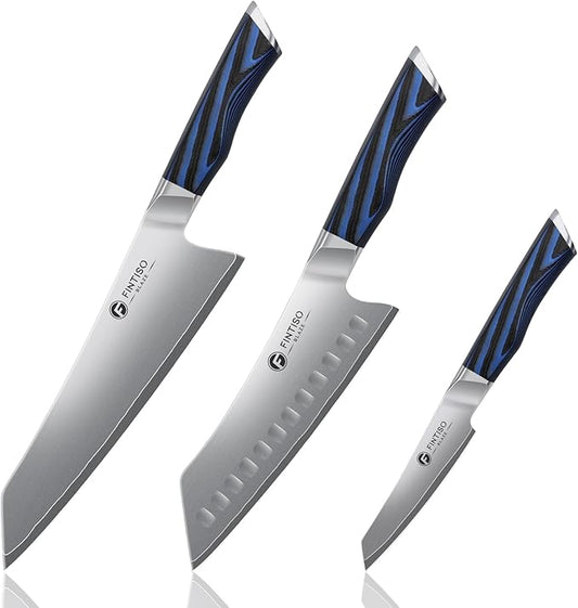 FINTISO 3PCS Kitchen Knife Set, Professional Chef Knives Set with G10 Handle, Premium 5-Layer 10Cr15CoMoV Japanese Steel Knives Set, Ultra Sharpe Knife for Meat and Vegetable