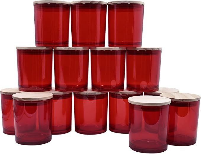 10 OZ Thick Candle Jars for Making Candles 15 Pcs, Empty Jars with Wood Lids for Candle Making, Sample Container, Red