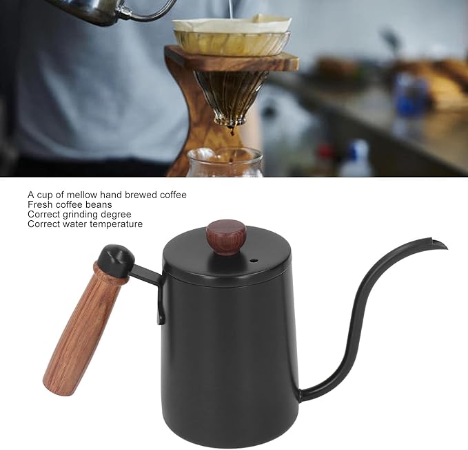 600ml 20oz Pour Over Coffee Kettle Pour Over Kettle Gooseneck Spout Coffee Tea Pot with Wood Handle Pour Over Coffee Kettle Temperature Cooling Hole (Black)