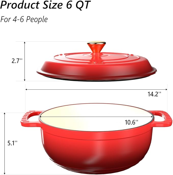VINGLI 6QT Enameled Cast Iron Round Dutch Oven Pot with Lid, NonStick Casserole Pot with Dual Handles & Silicone GlovesRed, Oven Safe up to 500°F or on Stovetop, Dutch Oven for Bread Baking, Red