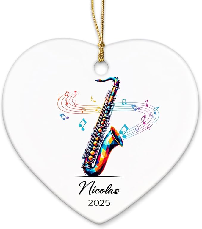 Saxophone Lovers Ceramic Ornament 2025, Personalized Saxophone Christmas Ornaments Gifts for Saxophonist, Musical Instrument Player Ceramic Ornament Xmas, Custom Name & Year Saxophonist Decoration