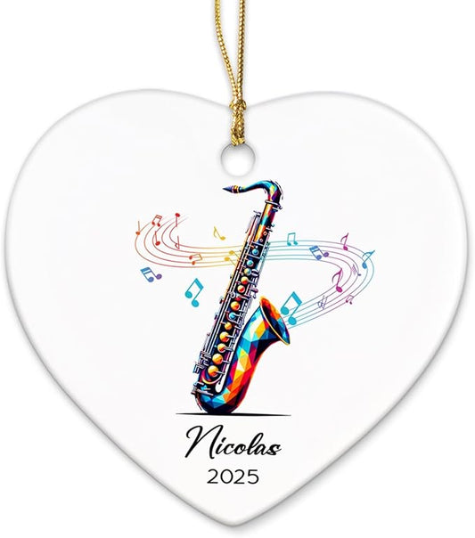 Saxophone Lovers Ceramic Ornament 2025, Personalized Saxophone Christmas Ornaments Gifts for Saxophonist, Musical Instrument Player Ceramic Ornament Xmas, Custom Name & Year Saxophonist Decoration