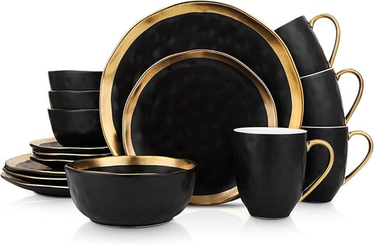 Stone Lain Florian Modern Porcelain 16 Piece Dinnerware Set, Plates and Bowls Set, Dish set for 4, Black And Golden Rim