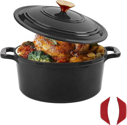 Enamel Cast Iron Dutch Oven with Lid, Round Casserole Pot for Bread Baking, Braising, Roasting, and Stews, Heavy-Duty, Oven Safe, Induction Compatible (4.7QT,Grey)