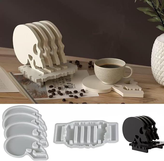 5 Pcs Skull Coaster Epoxy Resin Molds Silicone with Holder, Halloween Skull Coasters Molds Holder Set for Epoxy Resin, DIY Art Craft Cup Mats