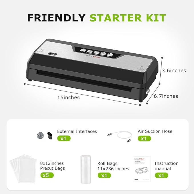 Bonsenkitchen Vacuum Sealer Machine with Built-in Cutter and Bag Storage for Sous Vide and Meal Prep | Compact Food Sealer with Multiple Modes | 1 Roll Bag & 5 Pre-Cut Bags, Black-Stainless Steel