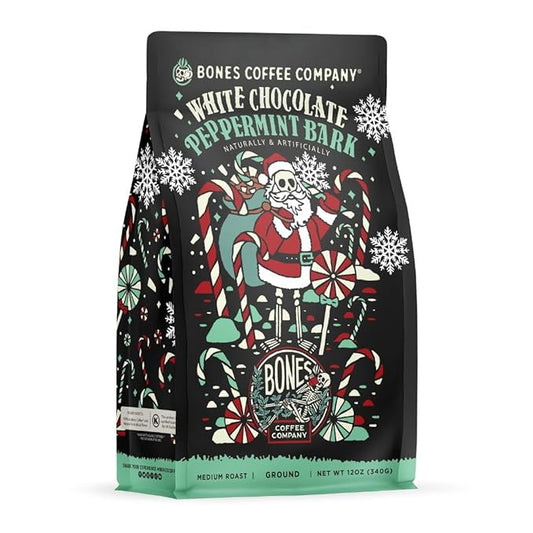 Bones Coffee Company White Chocolate Peppermint Bark Flavored Coffee, Medium Roast Low Acid Arabica Beans Compatible with Auto drip and French Press Coffee Maker, 12 Oz Ground