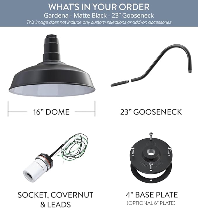 Steel Lighting Co. Gardena Barn Light | Outdoor Wall Mounted | 16" Dome | 23" Gooseneck | Farmhouse Light Made in America | Matte Black Exterior/White Interior