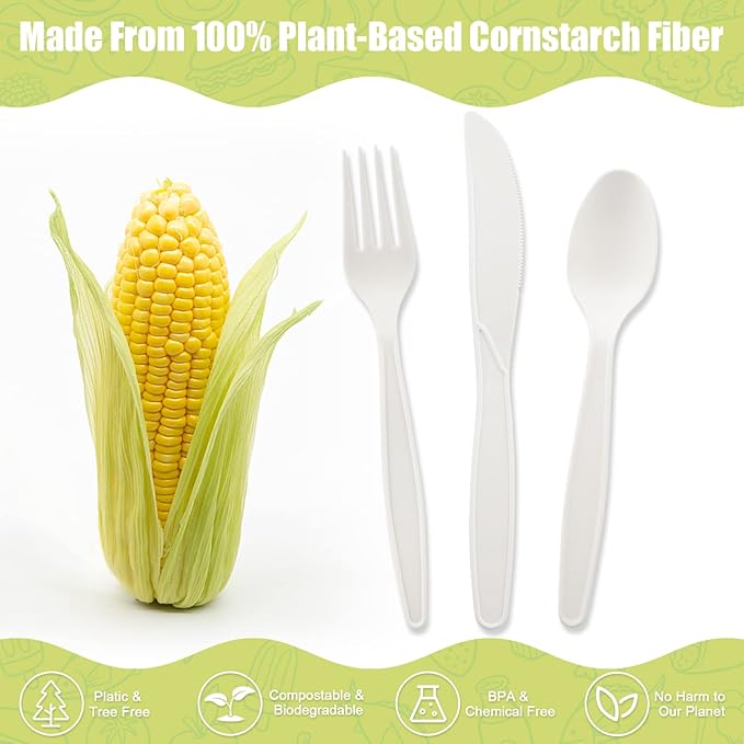 Fuyit 150 Count Compostable Cutlery Set, Disposable Biodegradable Utensils Eco-friendly Durable Cornstarch Flatware Includes 50 Forks, Knives & Spoons for Party, BBQ, Picnic & Potlucks (White)