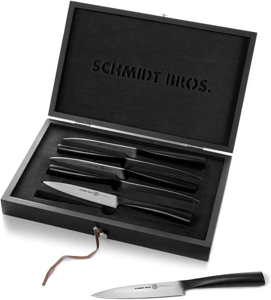 Schmidt Brothers -Bonded Ash 4-Piece Jumbo Steak Knife Set, High-Carbon German Stainless Steel Cutlery in a Wood Gift Box