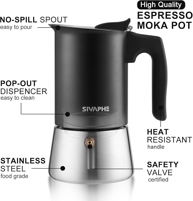 Sivaphe Stainless Steel Stovetop Espresso Brewer 6 Espresso Cup Induction Mocha Pot Cuban Coffee Maker 10.5fl.oz Italian máquina de café expreso