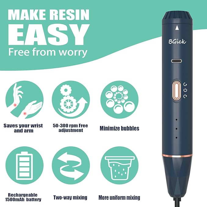 Upgraded Resin Mixer, Handheld Rechargeable Mixer with Minimizing Bubbles,Epoxy Resin Mixer for Resin, Silicone Mixing, Resin Molds, DIY Crafts (Included 4 pcs Paddles) (Blue)