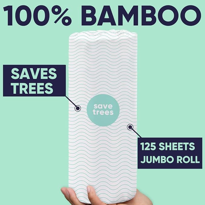 Save Trees Bamboo Paper Towels 6pk - 750 Sheets Paper Towels Rolls Ultra Absorbent & Durable Eco-Friendly - FSC-Certified, totally Plastic-Free, and Vegan