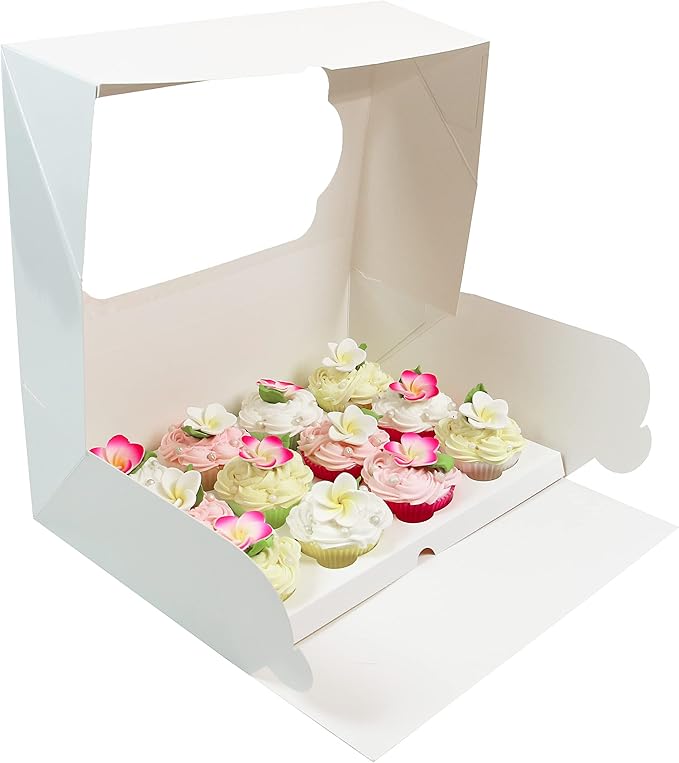Global Sugar Art Auto-Popup Extra Deep Quarter Sheet Cake & Cupcake Box with Window and Cupcake Insert, White 14 x 10 x 5 Inches, 5 Count