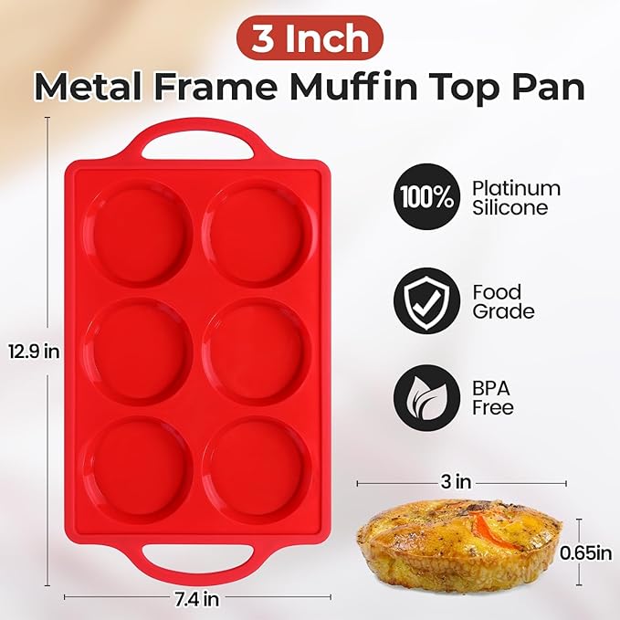 CAKETIME Muffin Top Pan Non Stick, 3 Inch Metal Reinforced Frame Silicone Egg Molds for Breakfast Sandwiches Round Silicone Baking Pan for English Muffins, Whoopie Pies, Corn Bread, Egg Bites, Tarts
