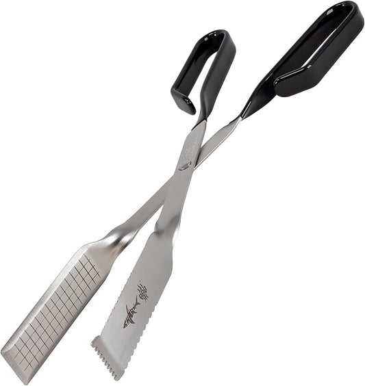 Grill Tongs for Kitchen & Outdoor Cooking: Shark BBQ, 13 Inch Long Reach Pro-Grade, Scissor-Style Utensil - Perfect for Air Frier and Oven Use (Black)