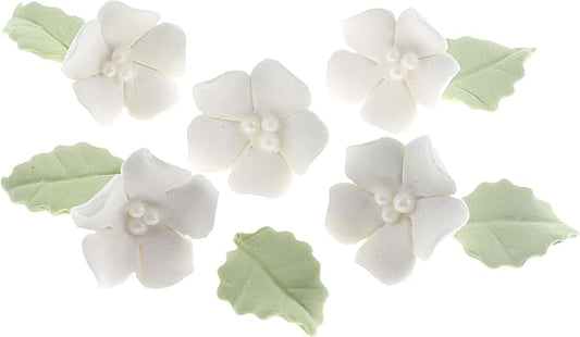 Global Sugar Art Blossoms and Leaves Edible Sugar Cake & Cupcake Flowers, White, Small Unwired, 24 Count with Leaves by Chef Alan Tetreault