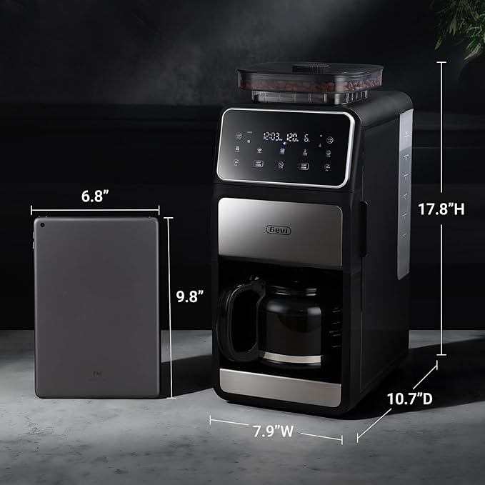 Gevi 10 Cup Drip Coffee Maker with Built-in Grinder, Grind ＆ Brew Burr Combo Coffee Machine with Touch Screen, Programmable, 4-Hour Warm Plate, Permanent Filter, Coffee Carafe