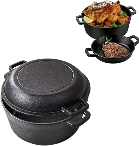 2-in-1 Pre-Seasoned Cast Iron Dutch Oven with Skillet Lid, 10 In Cast Iron Pot & Pan Set for Baking Bread, Frying, Camping, BBQ, Indoor & Outdoor Use