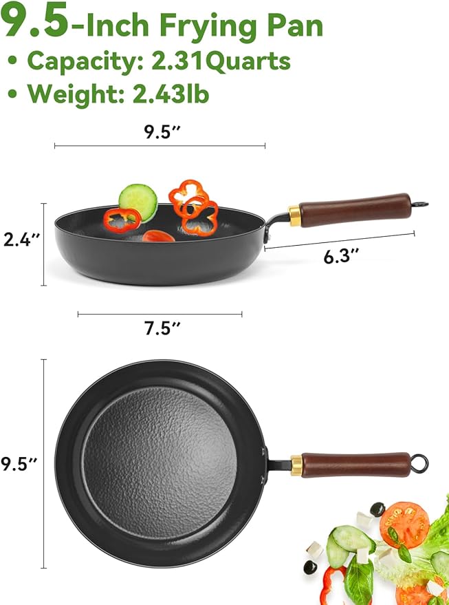 Enameled Carbon Steel Skillet, 9.5-Inch Nonstick Frying Pan, Stay-Cool Wooden Handle, Non Toxic, PTFE & PFOA Free Oven-Safe, Season-Free Carbon Steel Pan