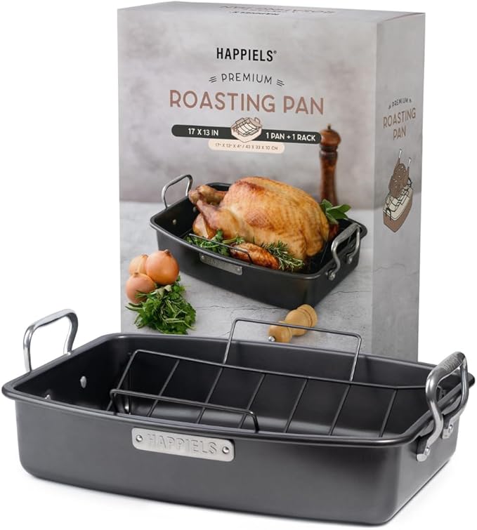 HAPPIELS 17 x 13 inch Roasting Pan with Rack, 20-25 lb Large Turkey Roasting Pan for Oven Non Stick, Turkey Roaster Pan with Rack, Roasting Pans, Turkey Pan, Deep Roast Pan, Prime Rib Roaster