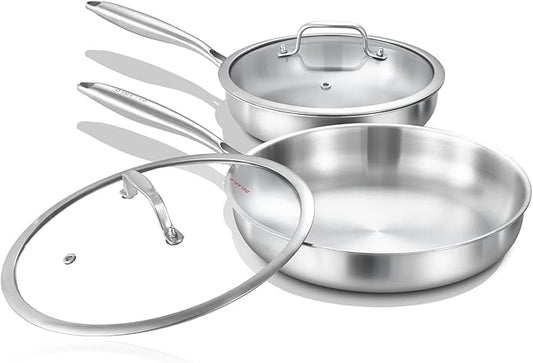 DELARLO Tri-ply Stainless Steel Frying Pan Set with Lid 8"10" Induction large Skillets Chef's Pan,Pots and Pans Set Kitchen Cookware Set Suitable for All Stove