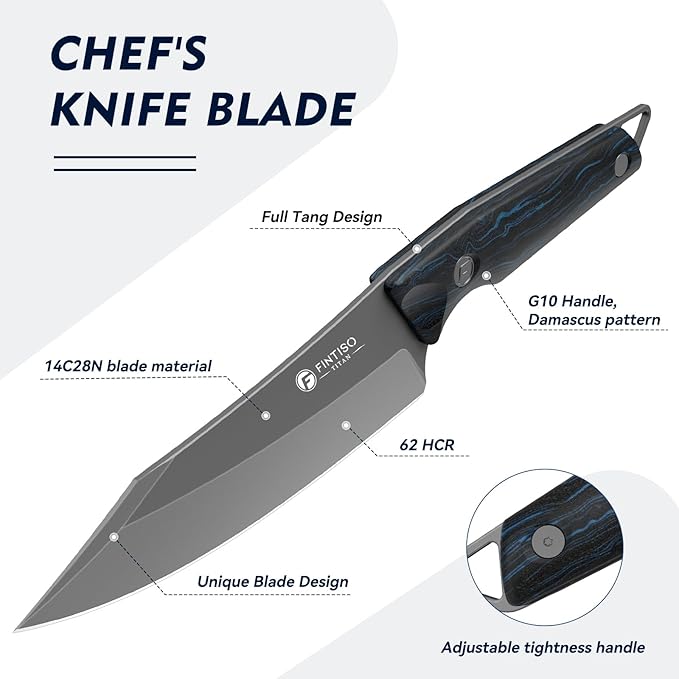 FINTISO 14C28N Steel Viking Knife, Japanese Butcher Knife with G10 Handle, Ultra Sharp Meat Cleaver Boning Knives for Meat Cutting, Outdoor Kitchen Chef Knives Best Gift (Red)