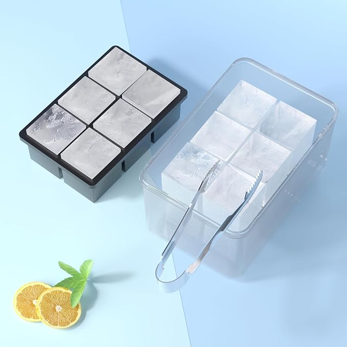 Samuelworld Large Ice Cube Tray with Lid and Bin: 2 Inch Silicone Old Fashioned Ice Cube Mold with Lid and Bin, Big Square Ice Cube Maker for Whiskey-3 Pack (With Ice Tong)