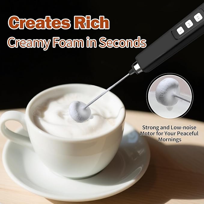 Rechargeable Milk Frother Handheld with 3 Detachable Stainless Whisks, 3 Speed Adjustable Drink Mixer, Mini Frother Wand for Coffee, Matcha, Protein Shakes, with Charging Base and Whisk Storage