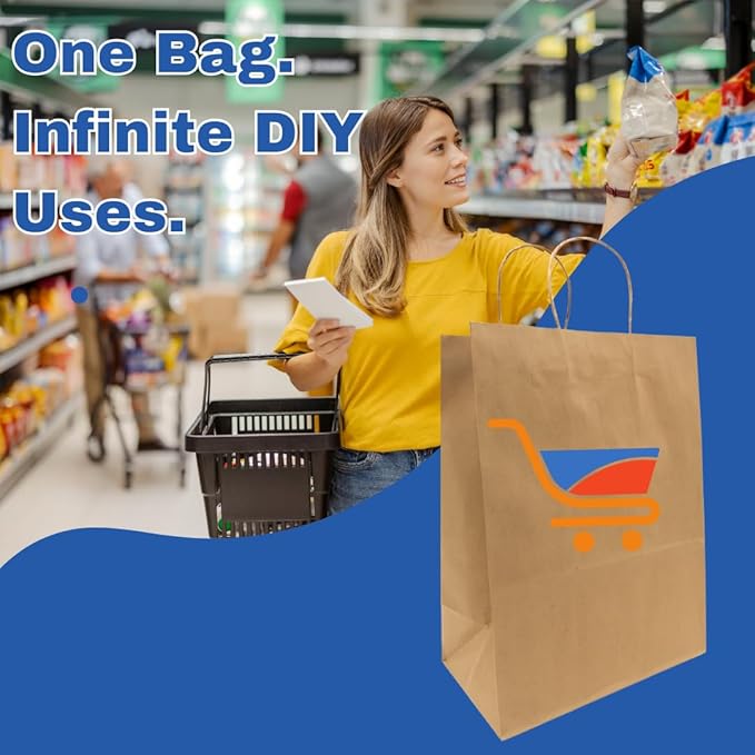 ASSUREPAK DIY Grocery Paper Bags - 200 units - 14"x10"x15.75" - Handle - Kraft Color - 74LB (110 GSM strong) - Recyclable Food & Supermarket Bags for Decorating & Branding - 141016NKPAPTHDL