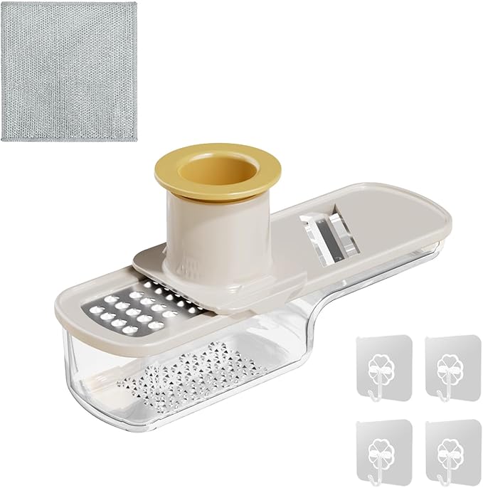 Multi-Function Garlic Grinder, 3-in-1 Garlic Chopper & Slicer with Airtight Container Easy-Clean Multi-Purpose Mandoline Slicer with Wire Scrubber and Kitchen Hook (White)