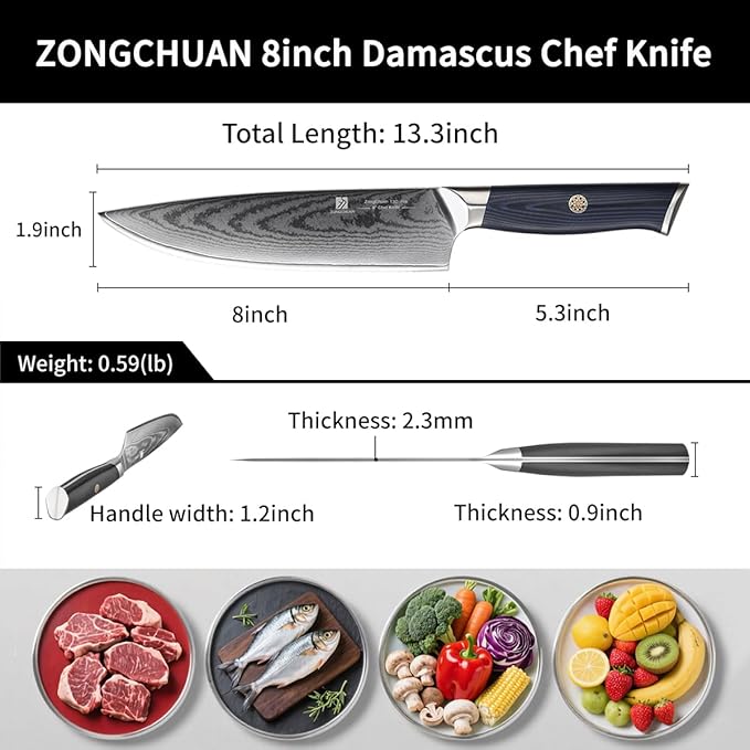 Chef Knife,8inch Damascus knife,67-Layer High Carbon Stainless Steel Kitchen Knife,Professiona Sharp Cutting Knives with Ergonomic G10 Blue Black Handle,Gift Box for Home and Kitchen Birthday Gift