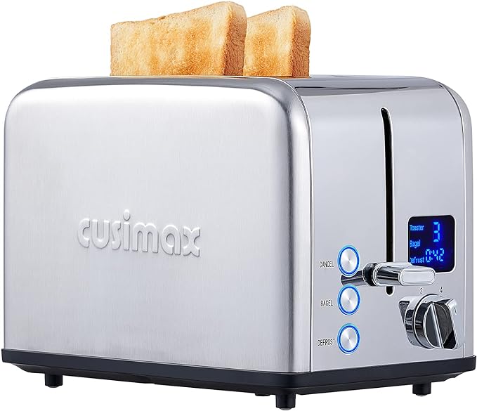 CUSIMAX Stainless Steel 2 Slice Toaster with LED Display, Extra-wide Slots, 6 Browning Settings, Cancel/Bagel/Defrost, Removable Crumb Tray, Silver