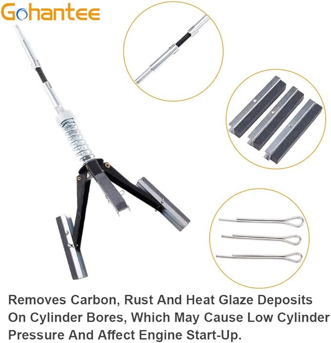 gohantee Engine Cylinder Hone Deglazer Adjustable 1-1/4" to 3-1/2" Diameter with 3-Piece 2" Long Stones 220 Grit