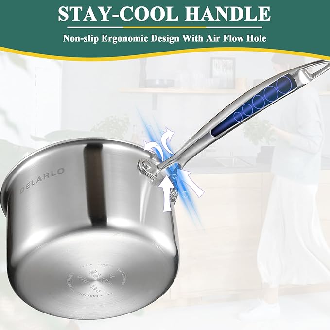 DELALRO Tri-Ply Stainless Steel 2.5 QT Saucepan with Lid, Heavy Duty Induction Pot, Fast Even Heat, Fuel Saving, Induction Cookware, Kitchen and Dining Steel Saucepan