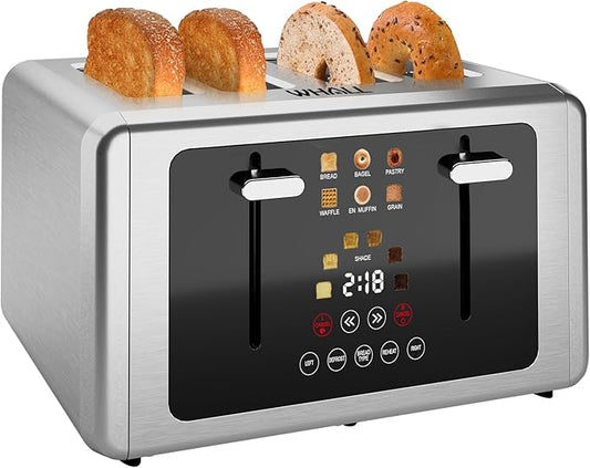 whall 4 Slice Touch Screen Toaster, Stainless Steel Toasters Digital Timer, Dual Control Panel Toasters，6 Shade Settings＆6 Bread Types, Smart Wide Slots, Bagel, Cancel, Defrost