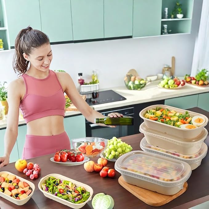 Aksipo 50 Pack 33 Oz Disposable Meal Prep Containers with Lids, Rectangle Paper Bowls with Lids for Salad,Leftovers, Leak-proof To Go Food Box Cardboard Lunch Box Compostable Take Out Food Containers